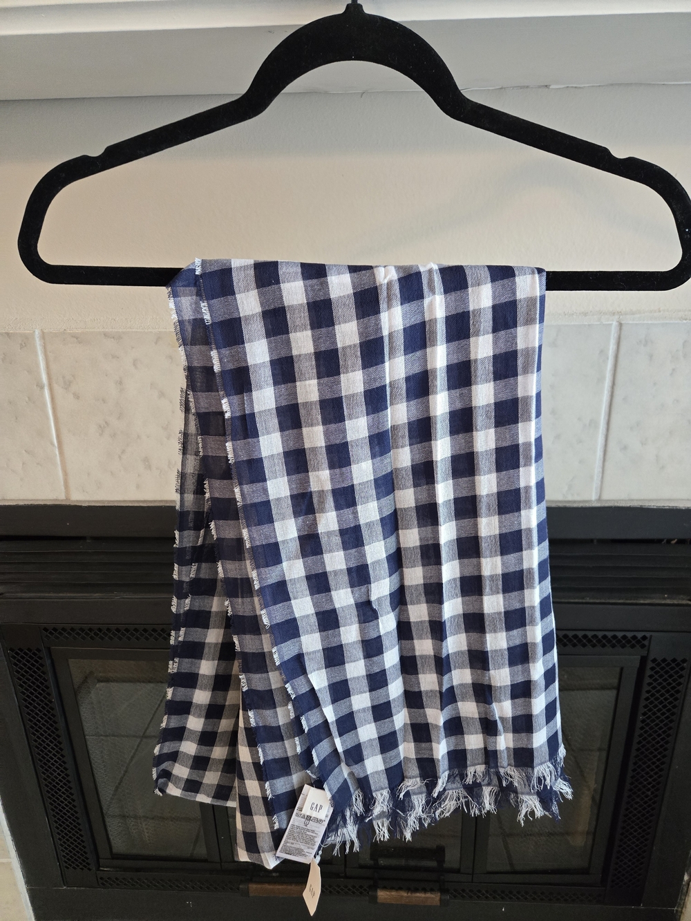 GAP Navy and White Checked Fringe Scarf